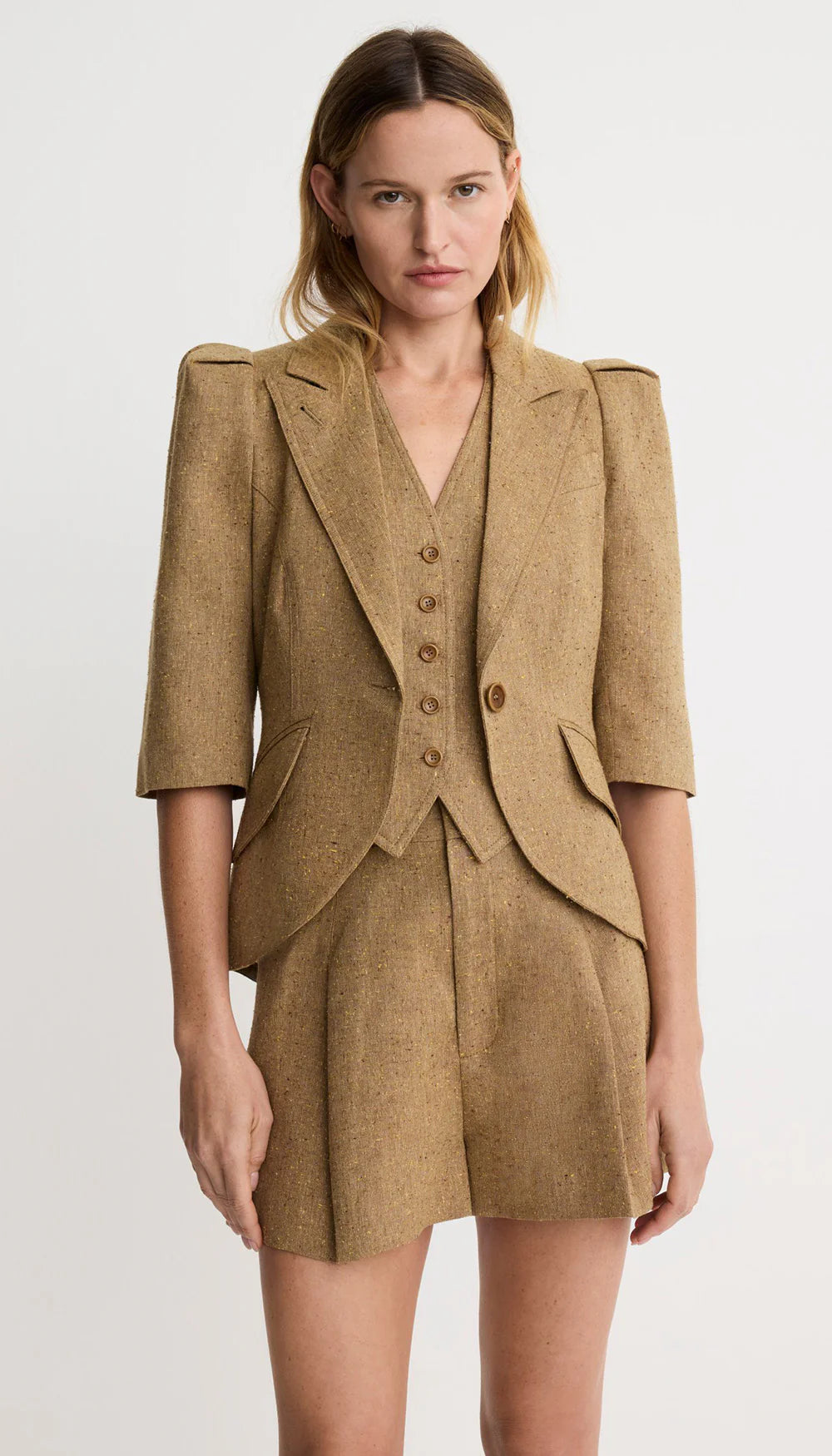 Smythe - Crop Sleeve Pouf One Button Blazer in Tortilla