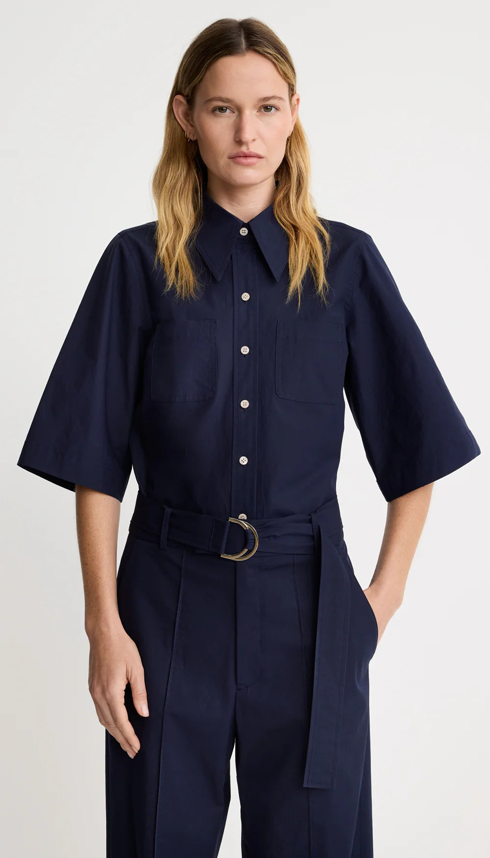 Smythe - 3/4 Sleeve Point Collar Shirt in Navy