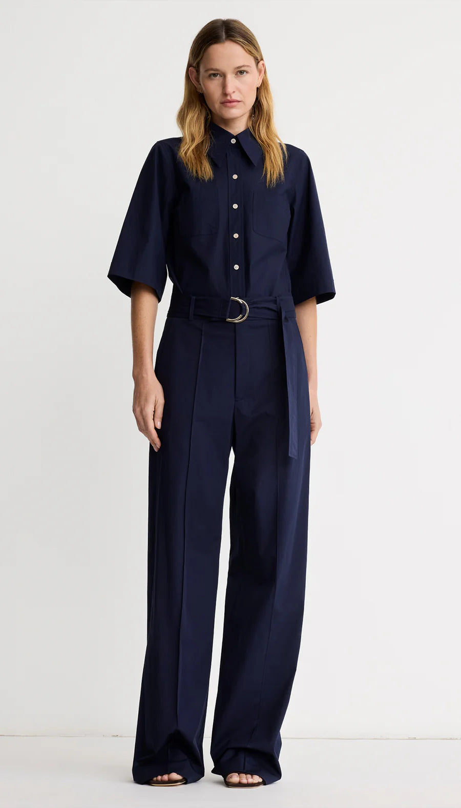 Smythe - 3/4 Sleeve Point Collar Shirt in Navy