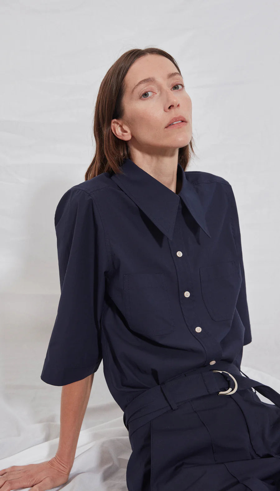 Smythe - 3/4 Sleeve Point Collar Shirt in Navy