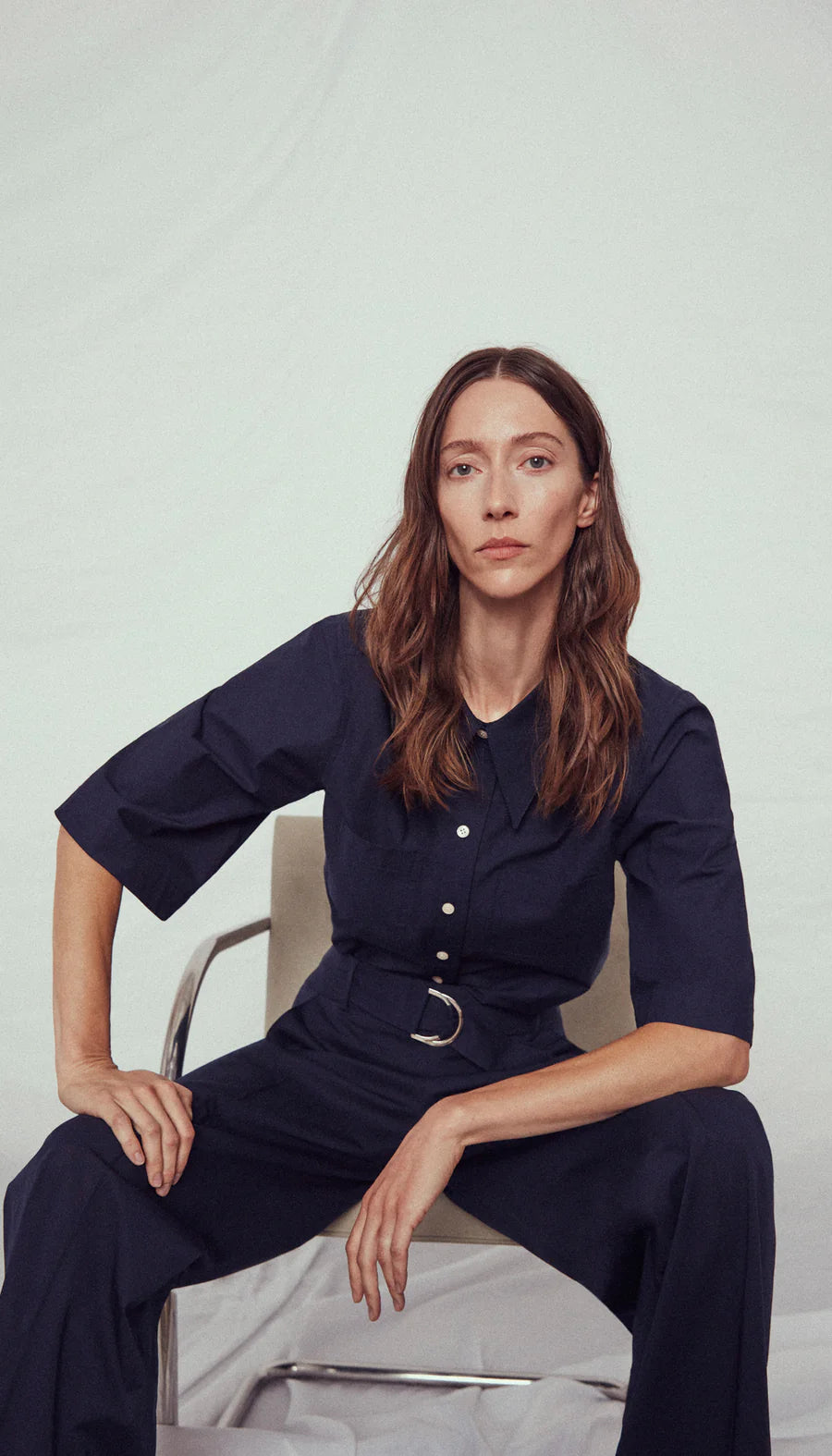 Smythe - 3/4 Sleeve Point Collar Shirt in Navy