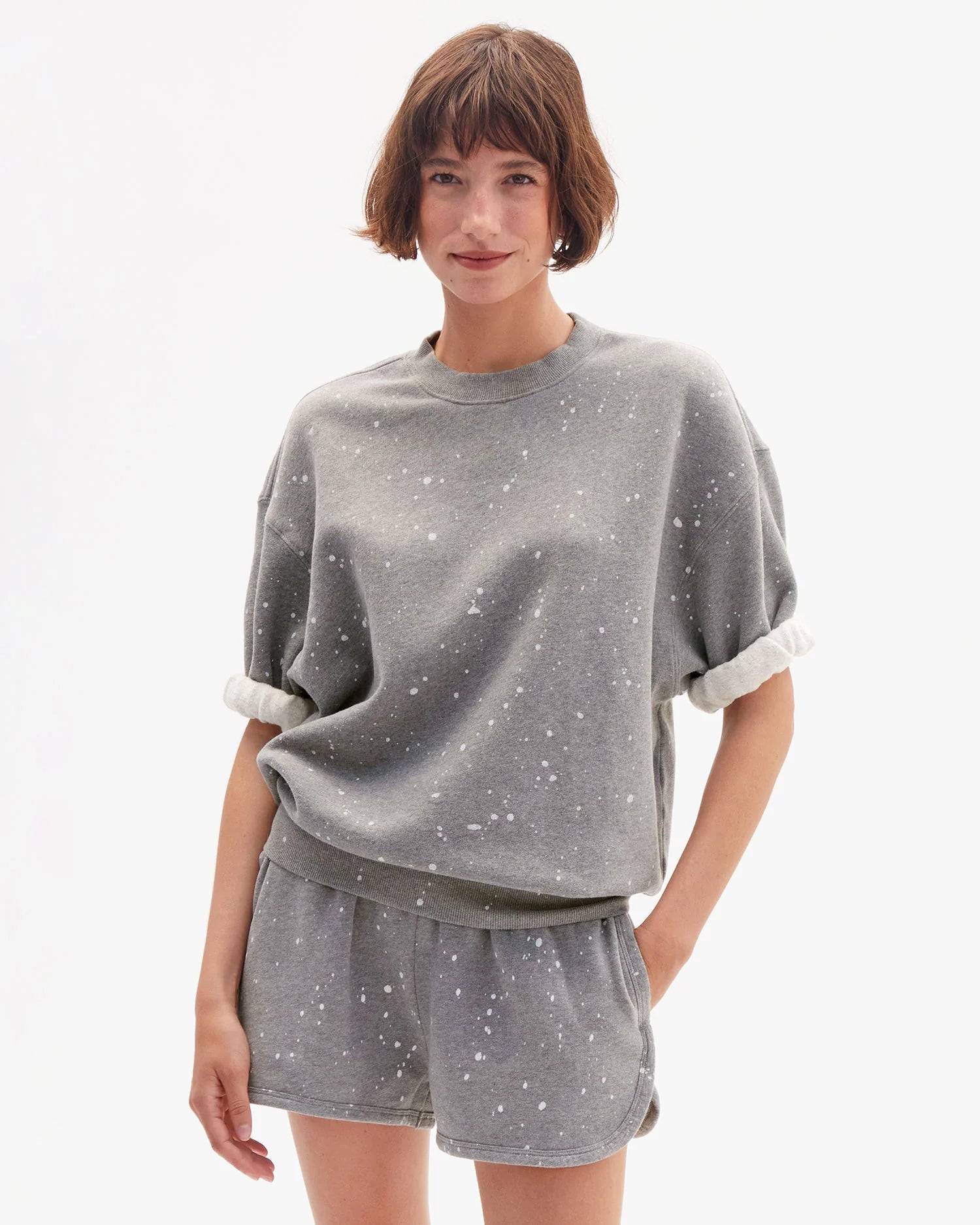 Clare V. - Short Sleeve Oversized Sweatshirt in Grey Melange Splatter