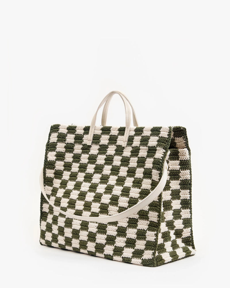 Clare V. - Summer Simple Tote - Olive/Cream Crochet Checker