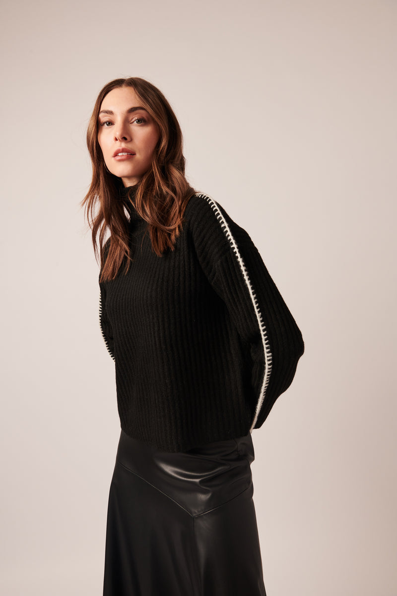 Line - Trinity Stitch Ribbed Turtleneck Sweater in Nightfall Raven