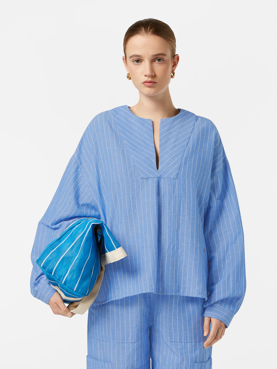 Scotch & Soda - Cotton Linen Bib Shirt in Blue and White Pin Stripe