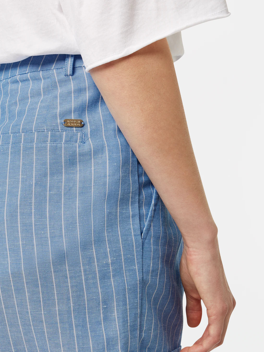 Scotch & Soda - High Rise Linen Shorts in Blue and White Pin Stripe