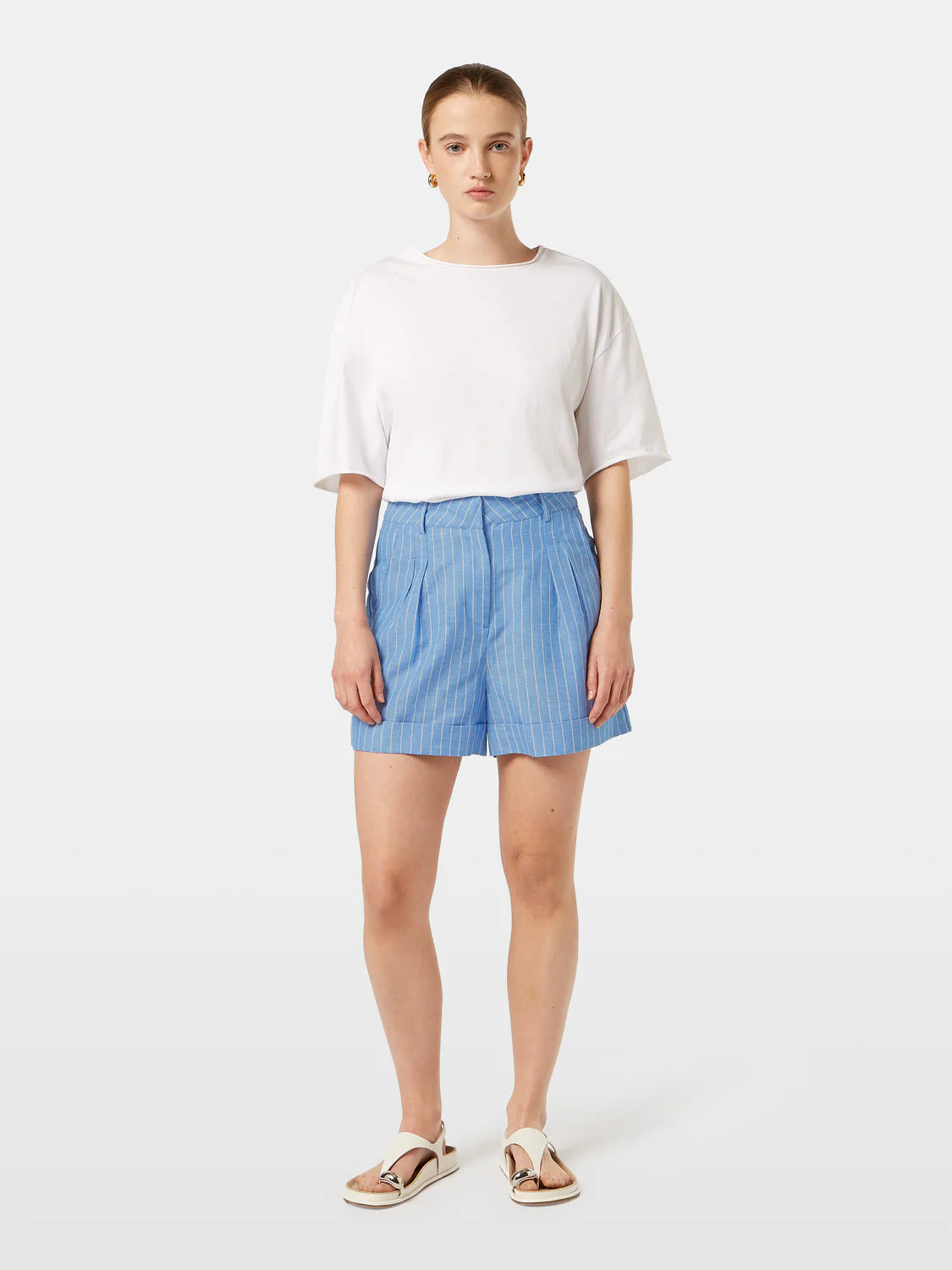 Scotch & Soda - High Rise Linen Shorts in Blue and White Pin Stripe