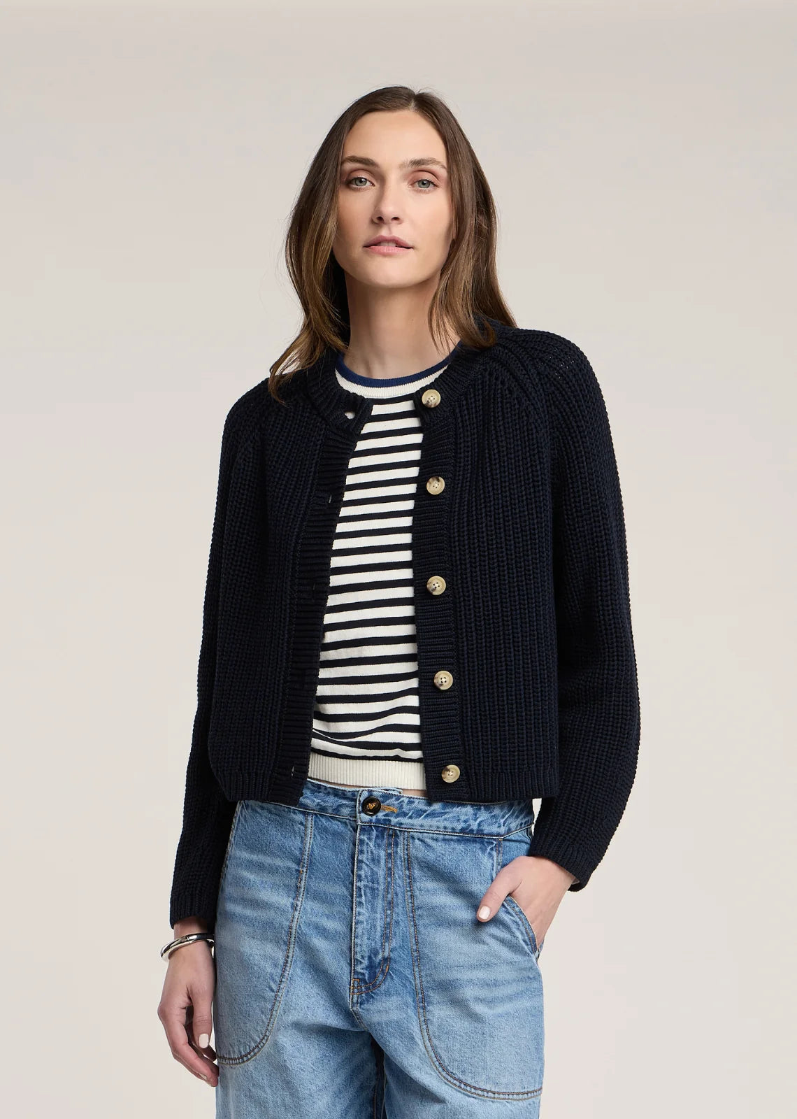 Velvet - Lisabeth Chunky Pima Cotton Cardigan in Navy