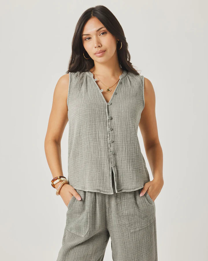 Splendid - Ava Gauze Button Tank in Eucalyptus