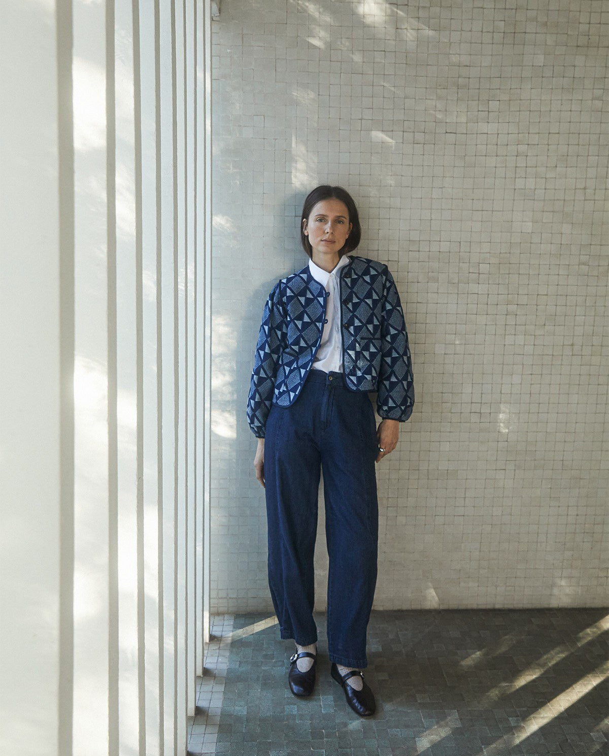 YERSE - Jacquard Short Jacket in Indigo