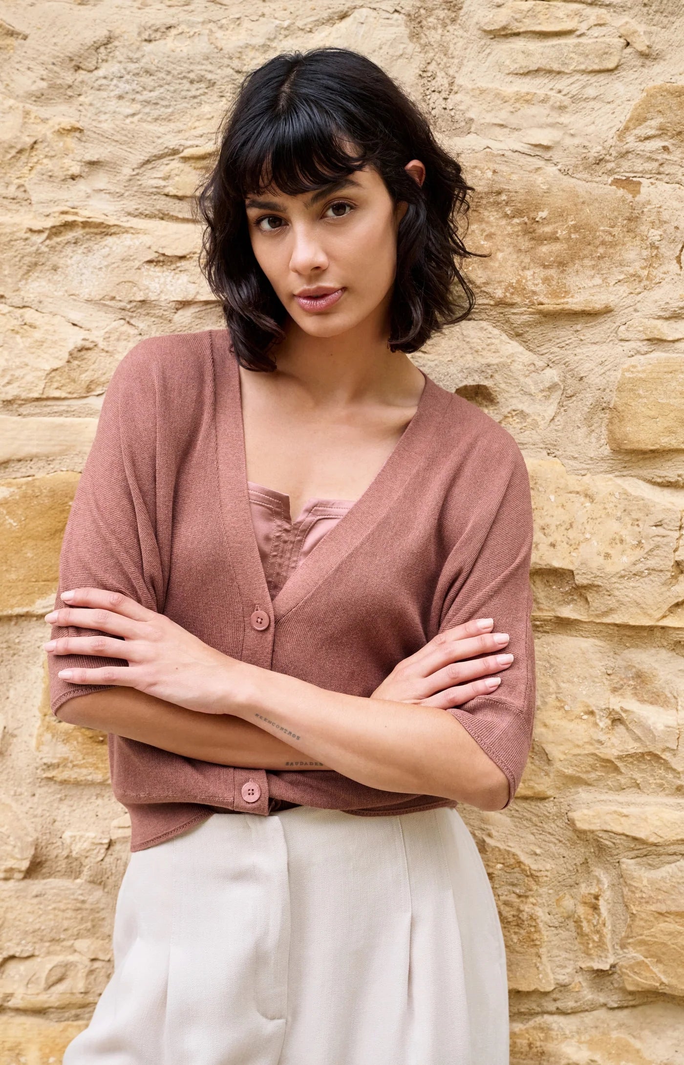 YAYA - Batwing Short Sleeve Cardigan in Burlwood Pink Melange