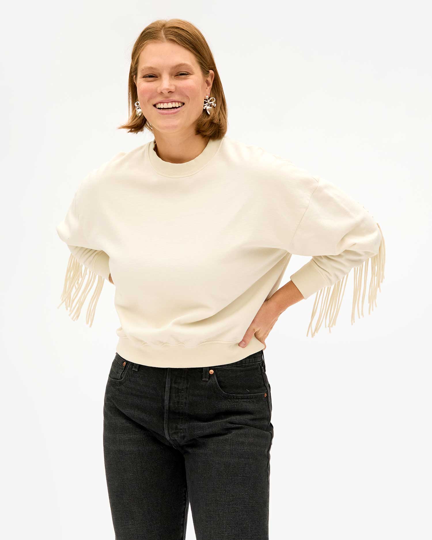 Fringe sleeve sweatshirt deals