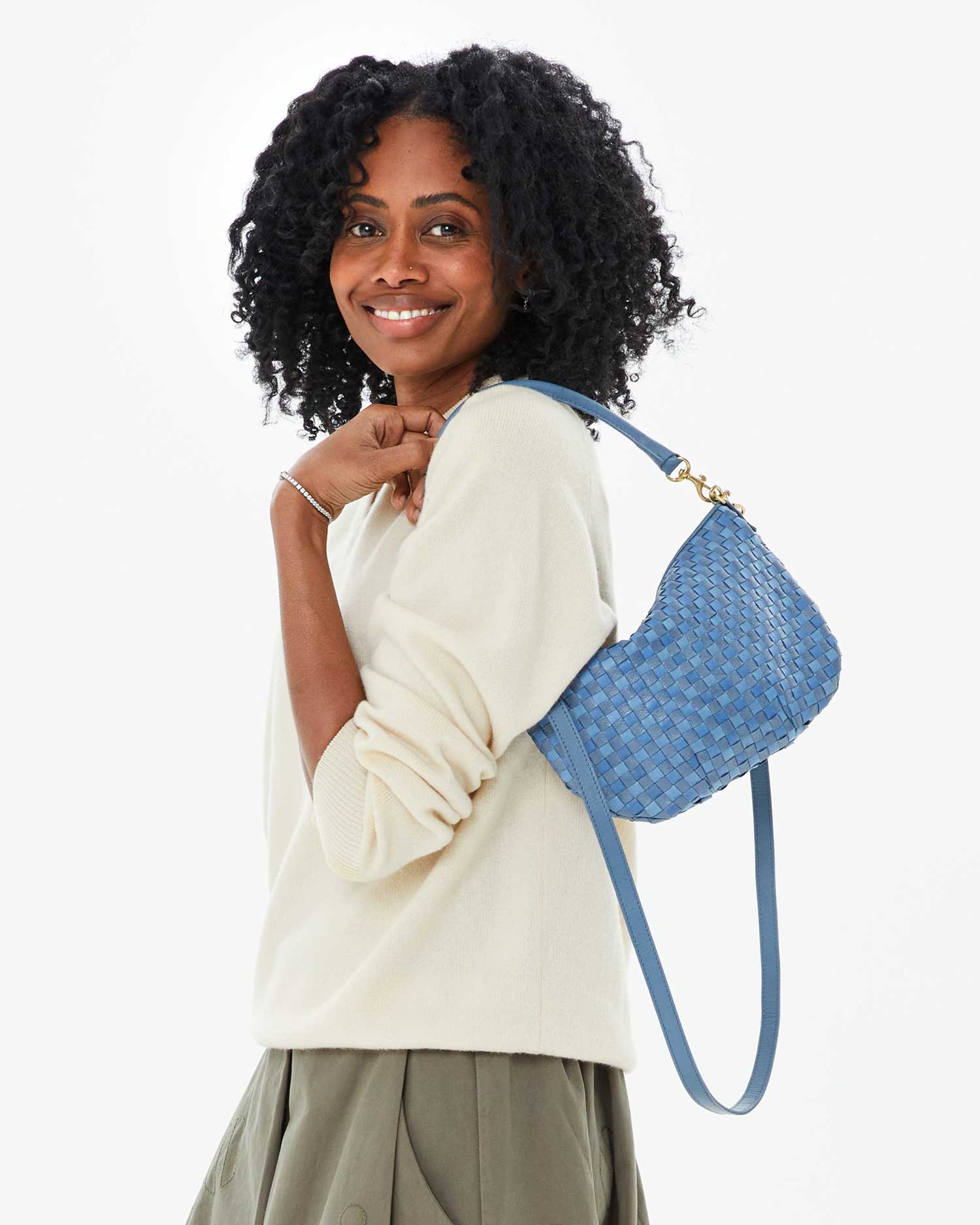 Clare V. - Petit Moyen Messenger in Light Blue Woven Checker