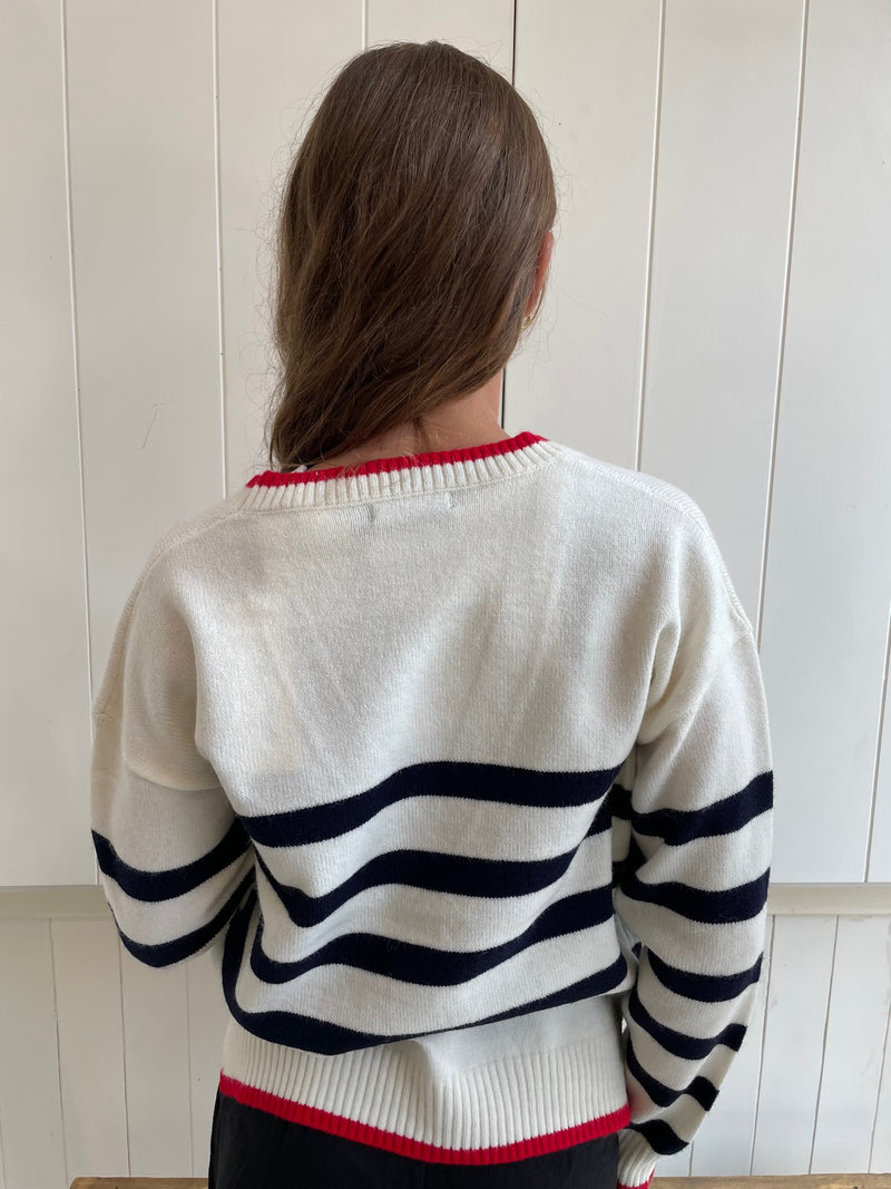 Lyla & Luxe - Riva - Stripped Cardigan with Red Edging and Heart in White/Navy Stripe