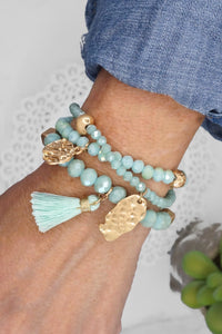 PennyLine inc. - Beaded Bracelet Stack with Tassel and Coin