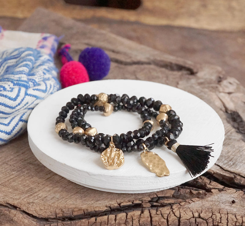 PennyLine inc. - Beaded Bracelet Stack with Tassel and Coin