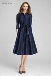 TERI JON - Metallic Jacquard Shirtdress with Floral Print in Navy