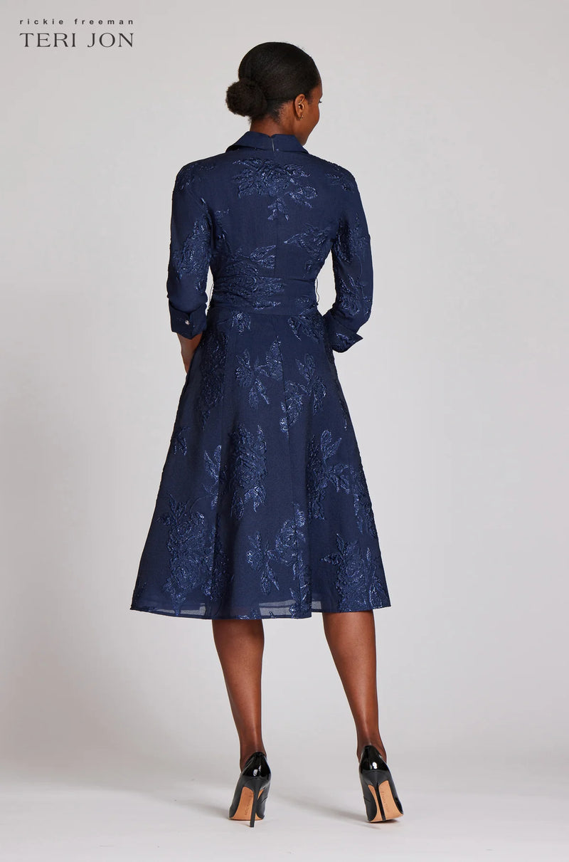 TERI JON - Metallic Jacquard Shirtdress with Floral Print in Navy