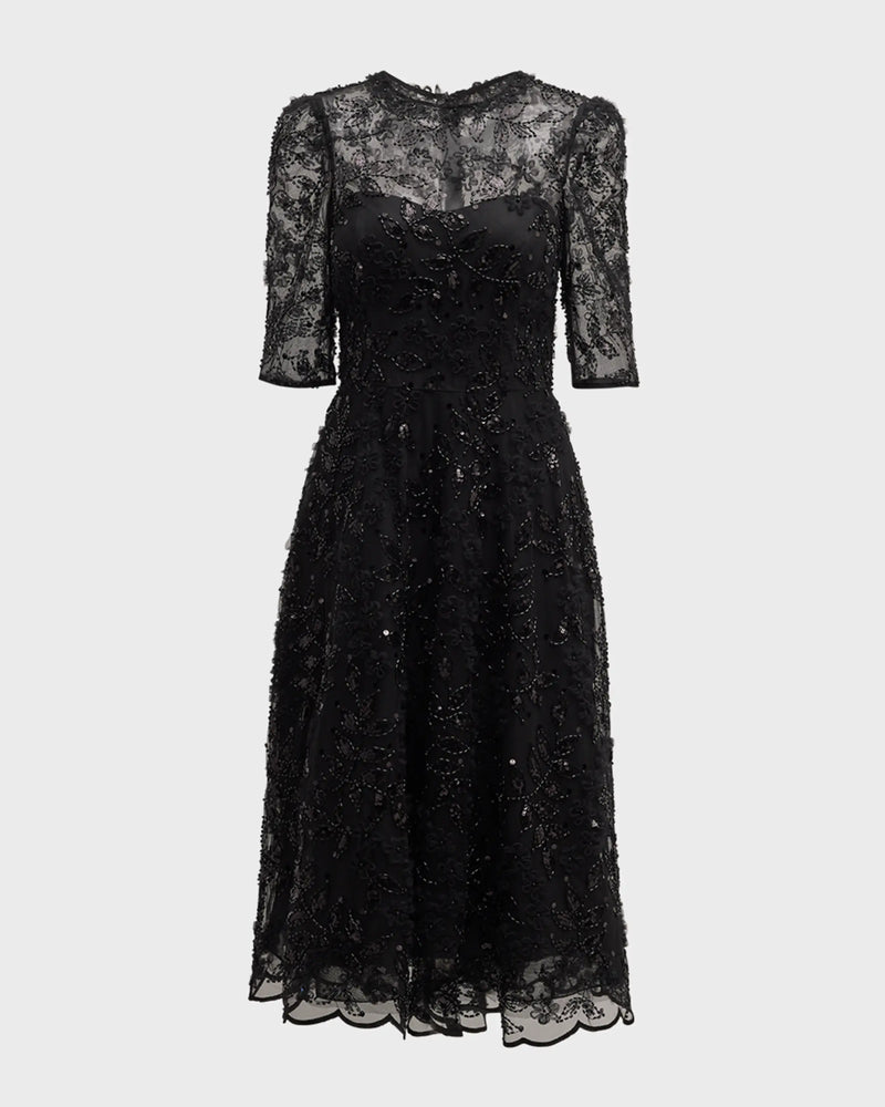 TERI JON - Floral Beaded Tulle Dress in Black