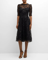 TERI JON - Floral Beaded Tulle Dress in Black