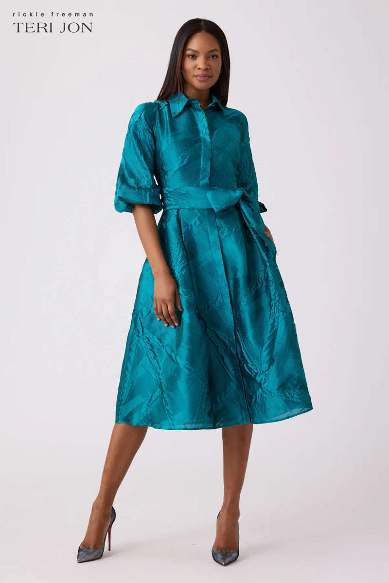 TERI JON - Textured Jacquard Balloon Sleeve Shirt Dress in Teal