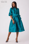 TERI JON - Textured Jacquard Balloon Sleeve Shirt Dress in Teal