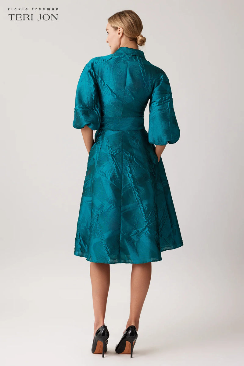 TERI JON - Textured Jacquard Balloon Sleeve Shirt Dress in Teal