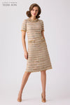 TERI JON - Boucle Fringe Trim Dress in Beige Multi