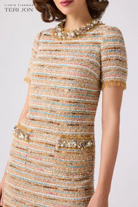 TERI JON - Boucle Fringe Trim Dress in Beige Multi