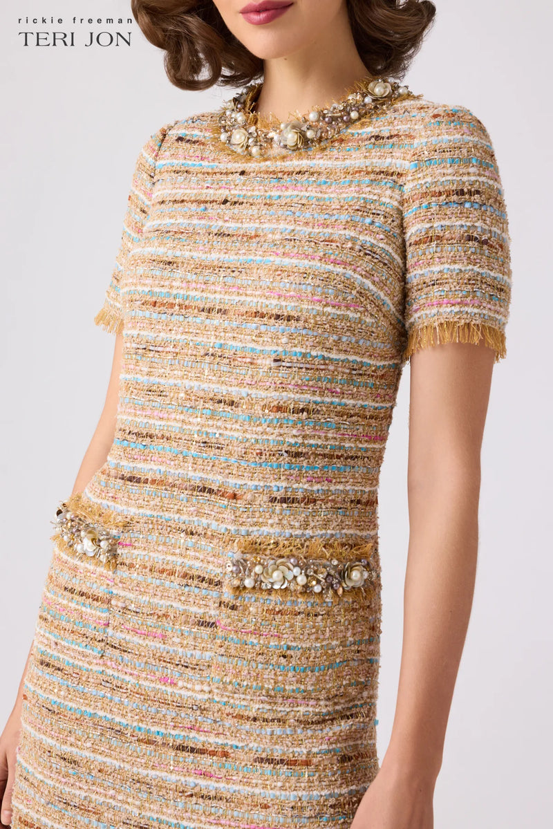 TERI JON - Boucle Fringe Trim Dress in Beige Multi