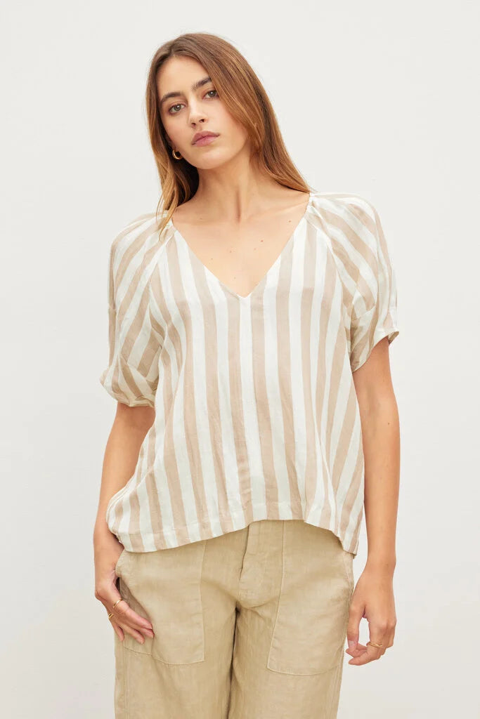 Velvet - Katy - Stripe Linen Puff Sleeve Top - Khaki