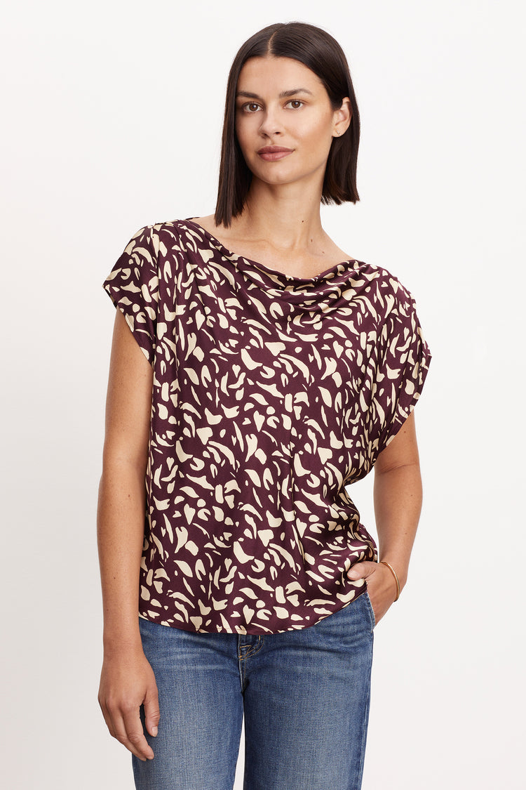 Velvet - Devi - Abstract Printed Satin Top in Malbec