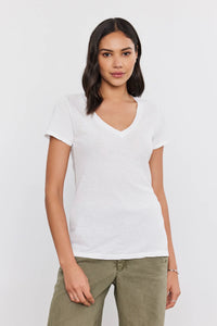 Velvet - Lilith - Cotton Slub Long V-Neck Top in White