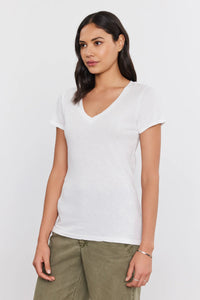 Velvet - Lilith - Cotton Slub Long V-Neck Top in White