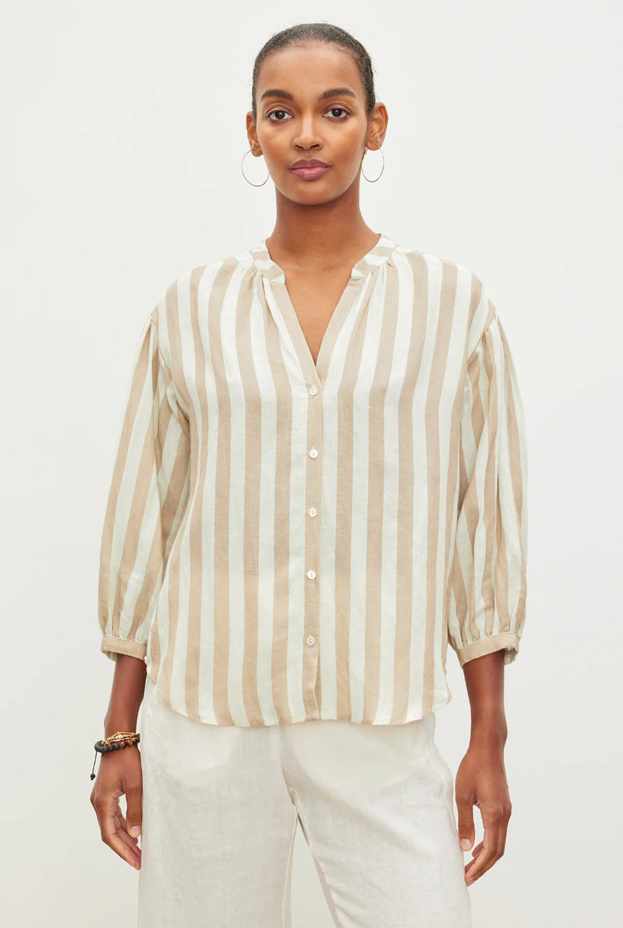 Velvet - Gabby - Striped Linen 3/4 Sleeve Top - Khaki