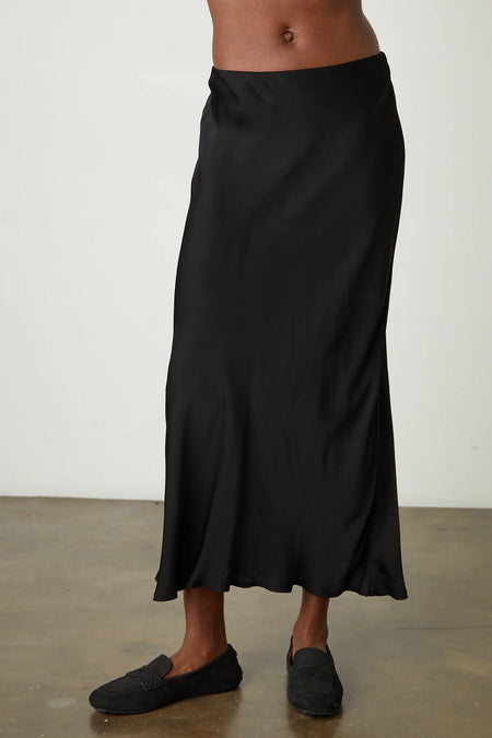 Velvet - Aubree - Satin Viscose Midi Skirt in Black
