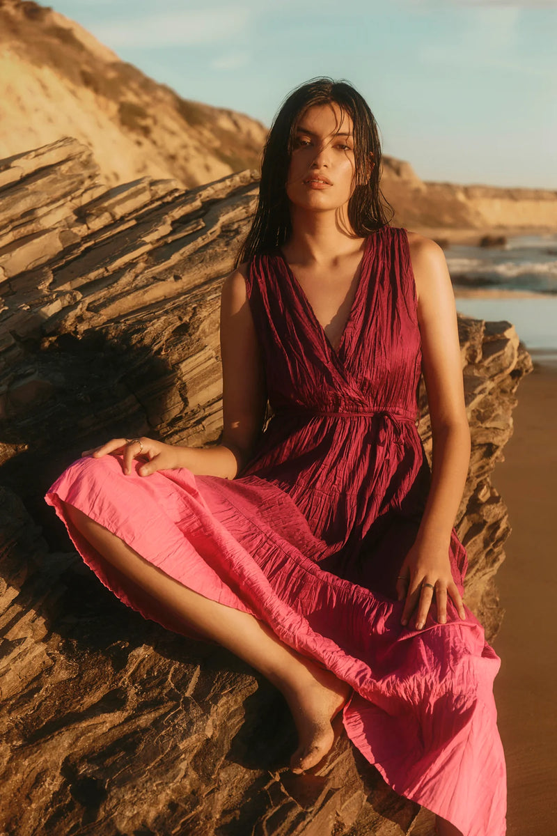 Velvet - Marilyn - Ombre Dip Dye Crinkle Cotton Dress in Fuchsia