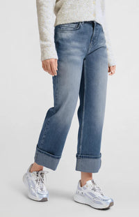 YAYA - Mid Waist Jeans with Rolled-Up Hem in Blue Denim