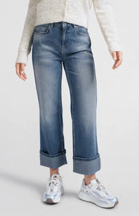 YAYA - Mid Waist Jeans with Rolled-Up Hem in Blue Denim