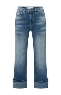 YAYA - Mid Waist Jeans with Rolled-Up Hem in Blue Denim