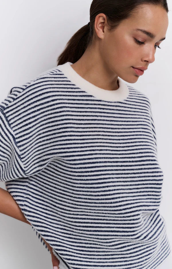 YAYA - Striped Fluffy Short Sleeve Sweater in Off White