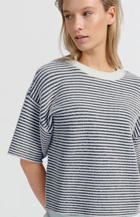 YAYA - Striped Fluffy Short Sleeve Sweater in Off White