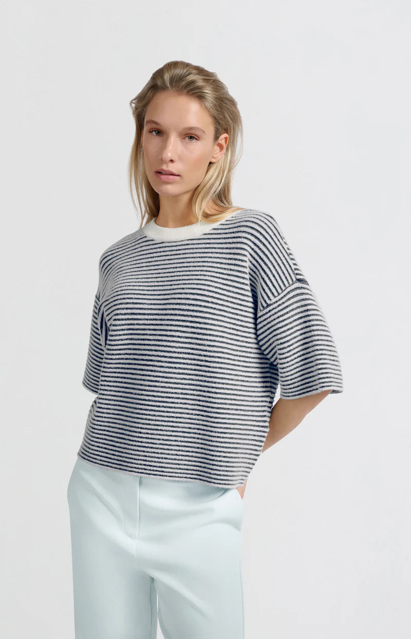 YAYA - Striped Fluffy Short Sleeve Sweater in Off White