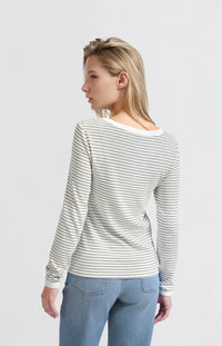 YAYA - Striped Long Sleeve Top in Blanc De Blanc