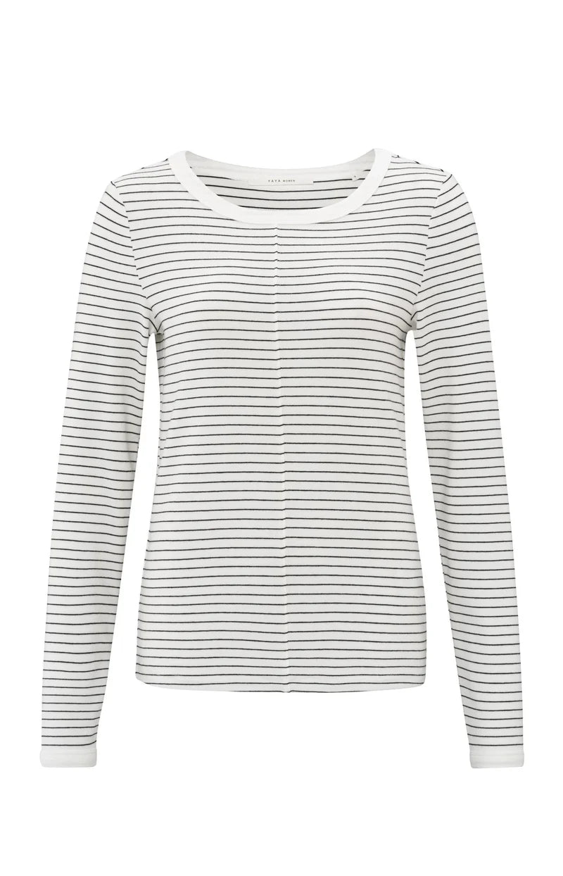 YAYA - Striped Long Sleeve Top in Blanc De Blanc