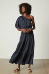 Velvet - Giselle - Woven Linen One Shoulder Dress in Shadow