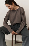 YAYA - Boat Neck Sweater with Refined Decorative Seams in Brown Melange