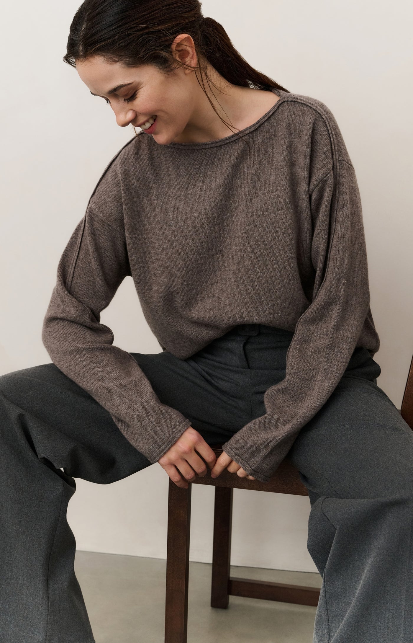 YAYA - Boat Neck Sweater with Refined Decorative Seams in Brown Melange