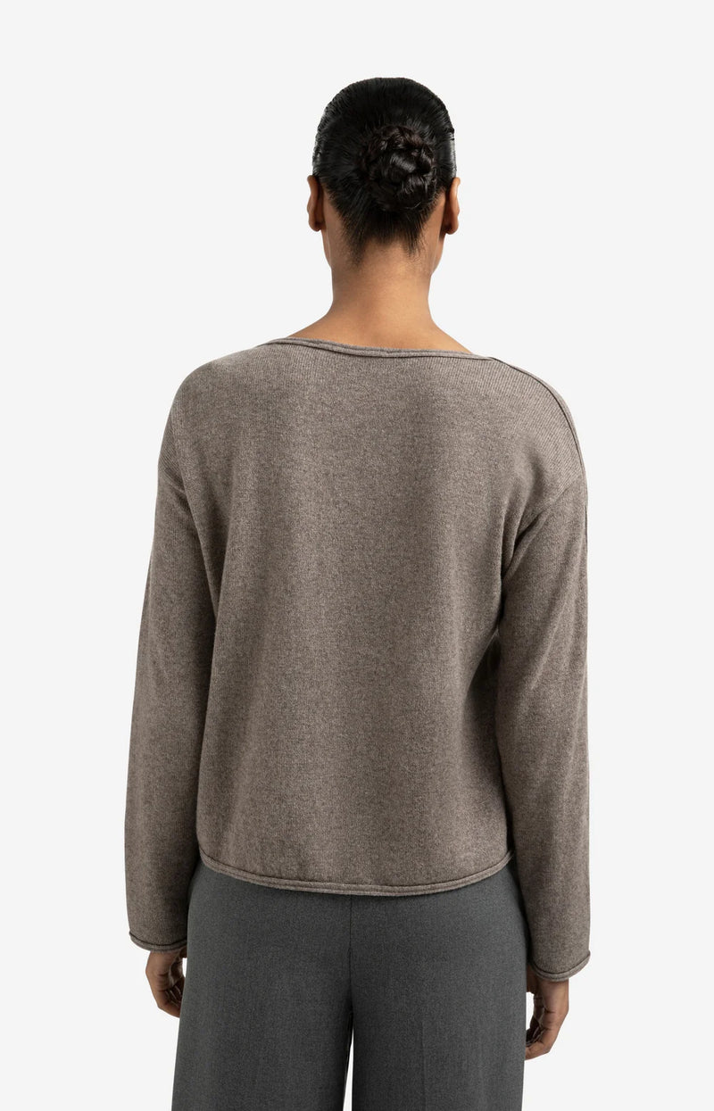 YAYA - Boat Neck Sweater with Refined Decorative Seams in Brown Melange
