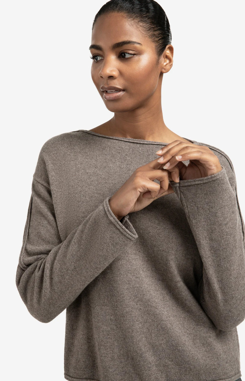YAYA - Boat Neck Sweater with Refined Decorative Seams in Brown Melange